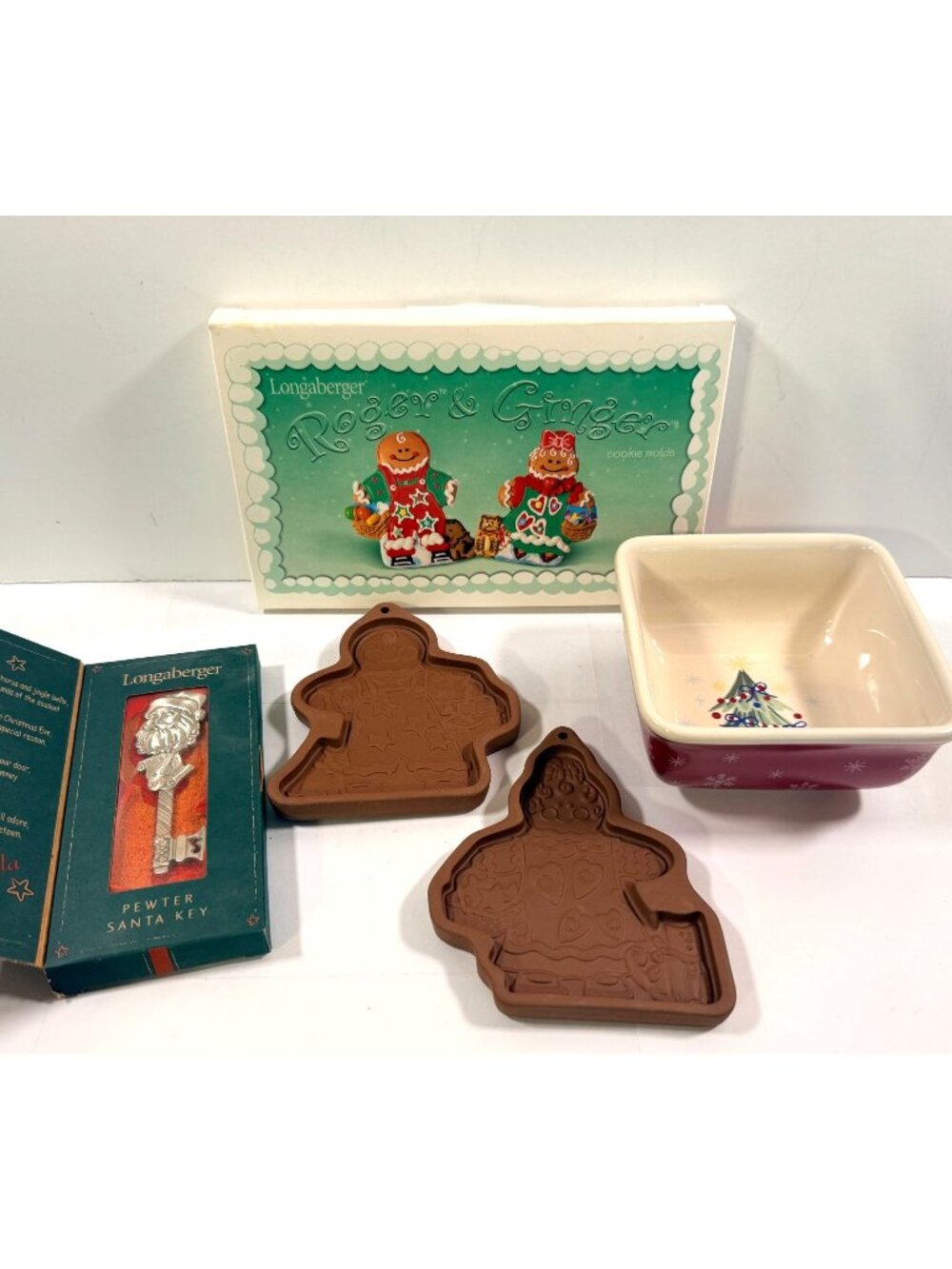 Longaberger Christmas Candy Dish Gingerbread Cookie Molds Santa Key Lot